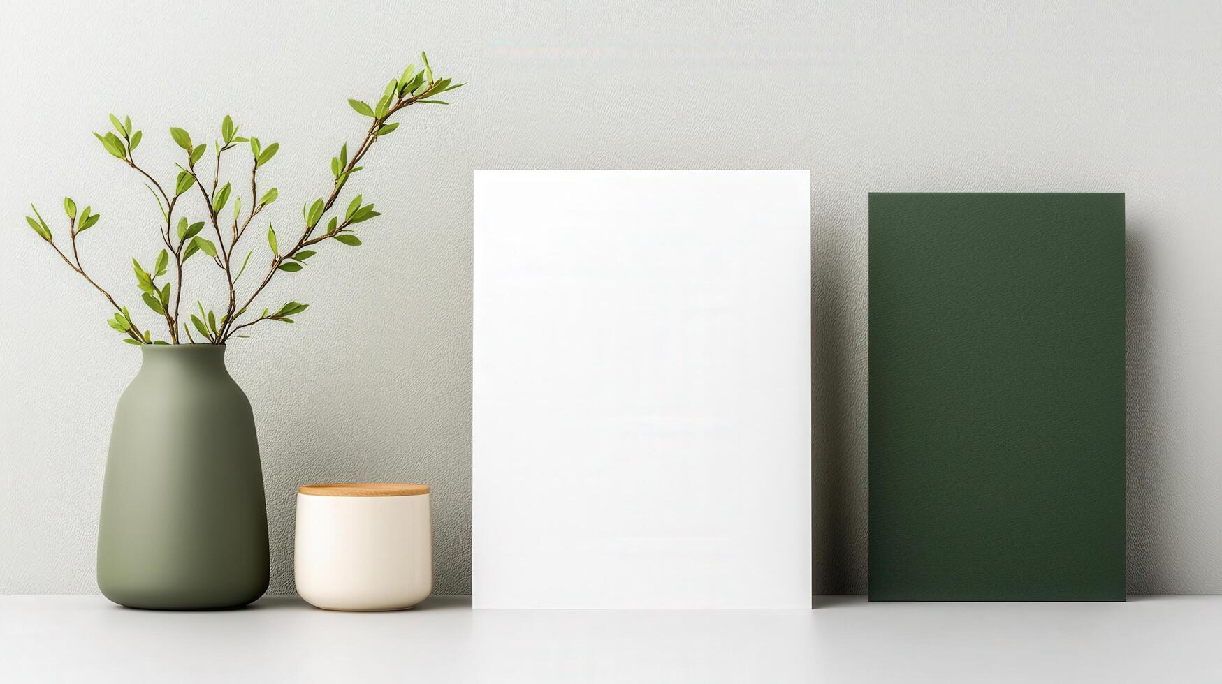 A white frame sits on a table next to a vase and a green box photo