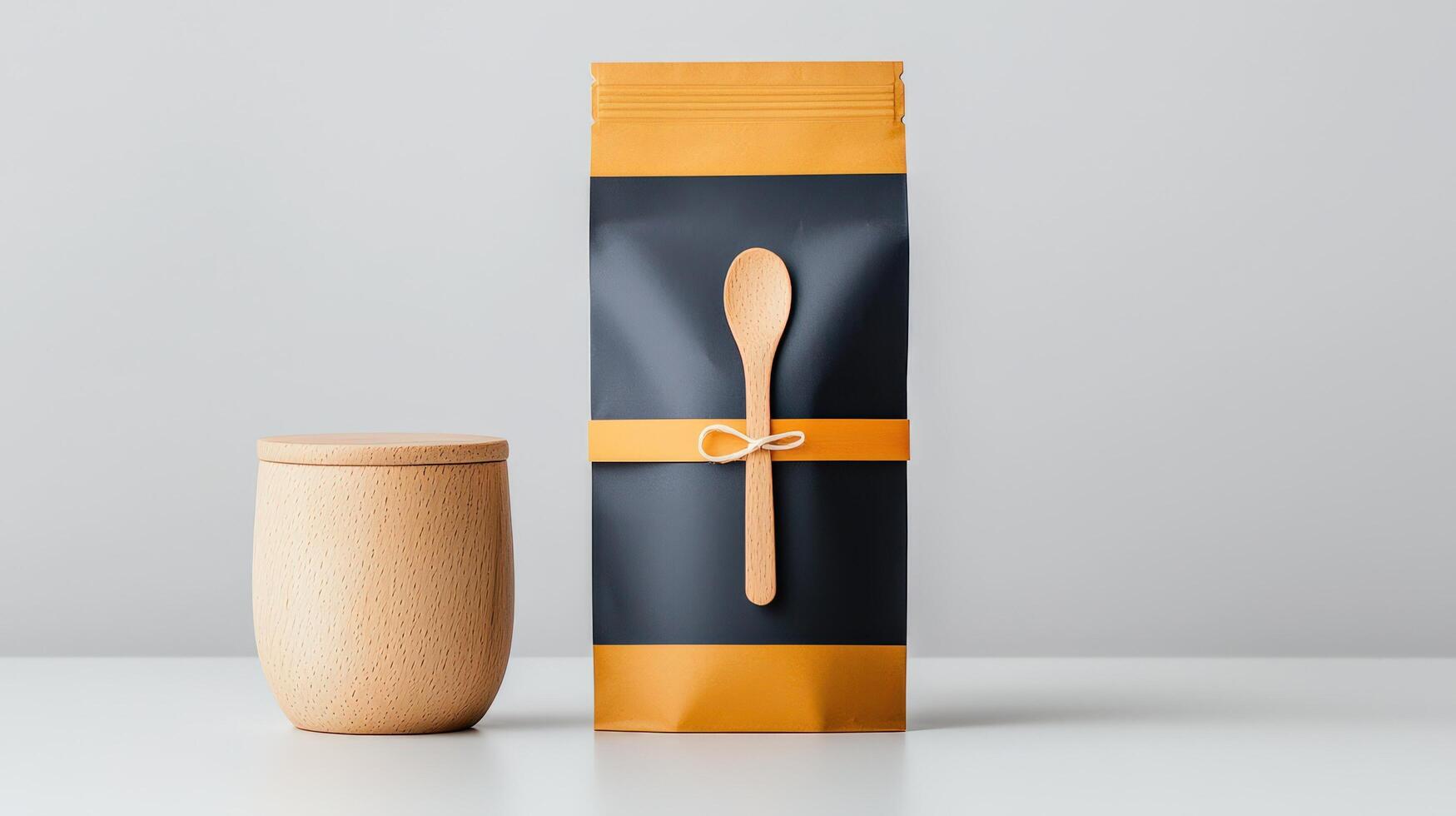 A bag of coffee beans with a spoon tied to it photo