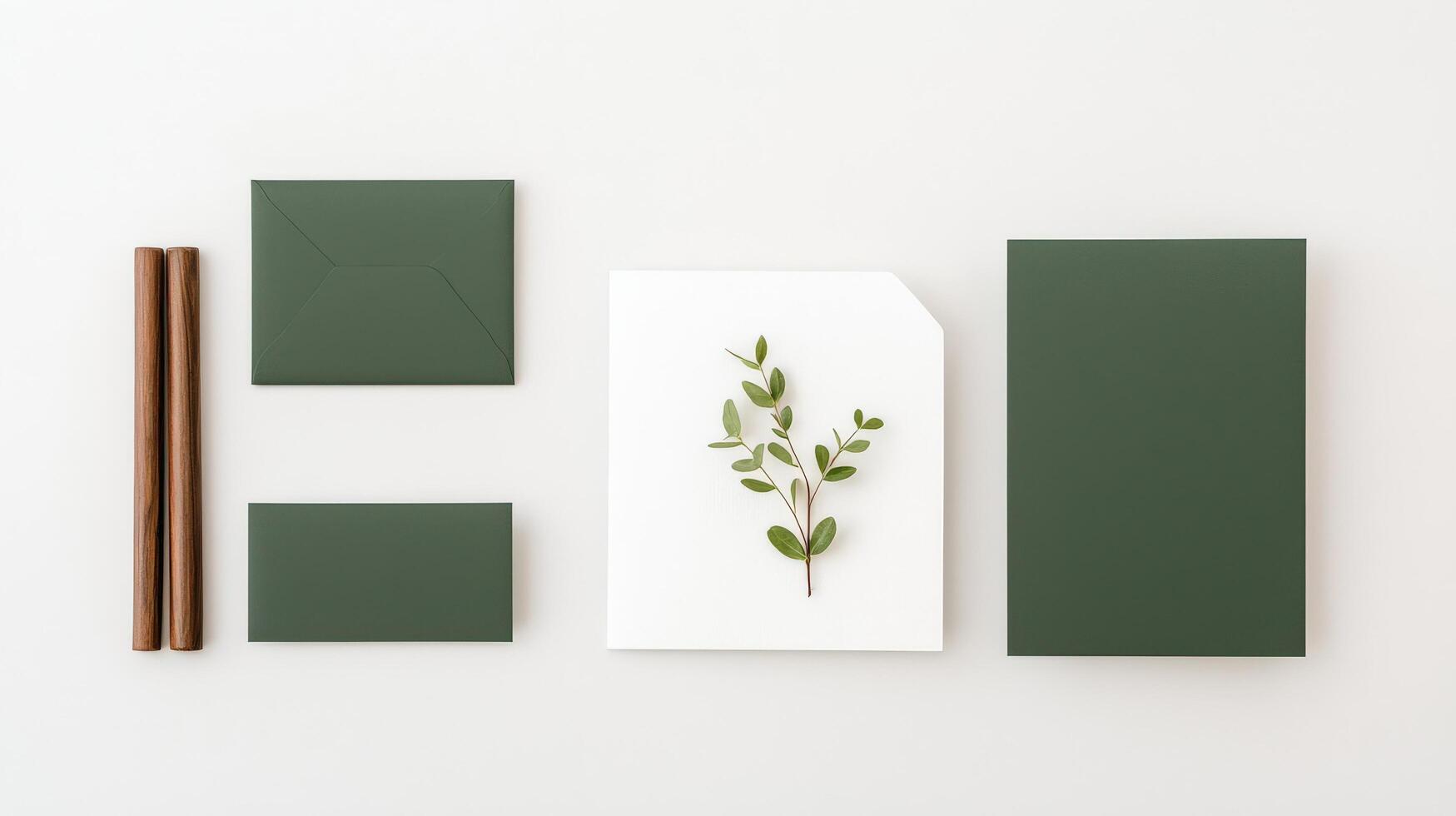 A green card, envelope, and postcard with a leaf on top photo
