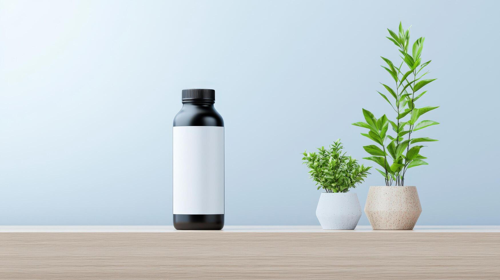 A bottle of medicine sits on a table next to two potted plants photo