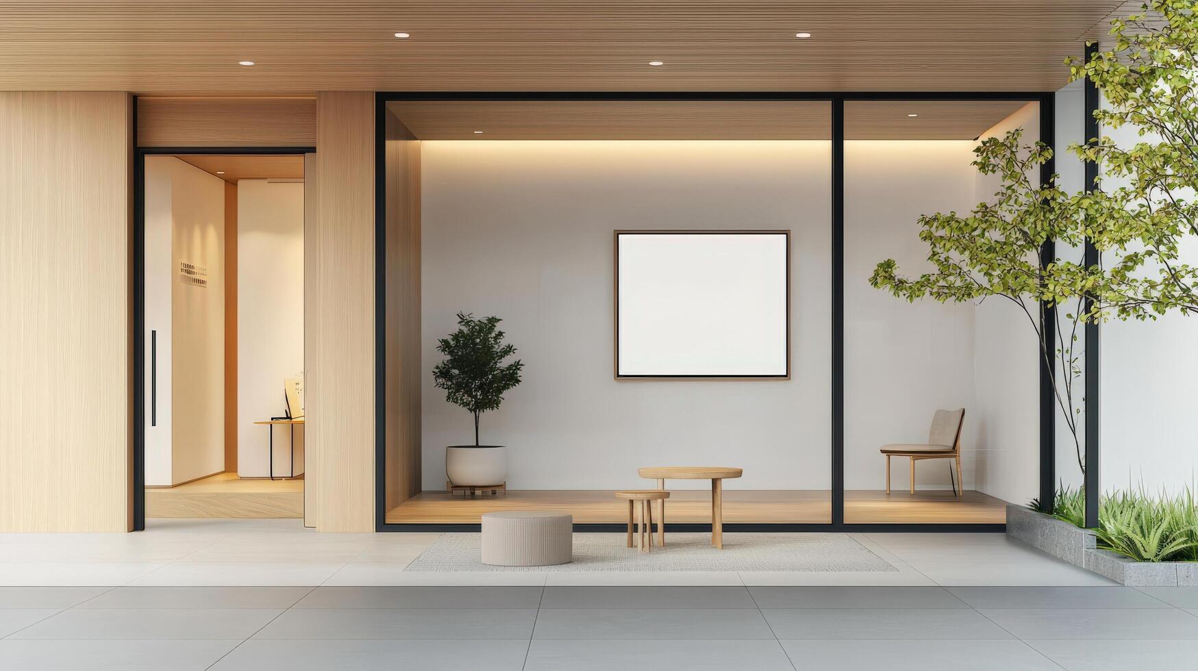 A white building with a large window and a white board on the wall photo