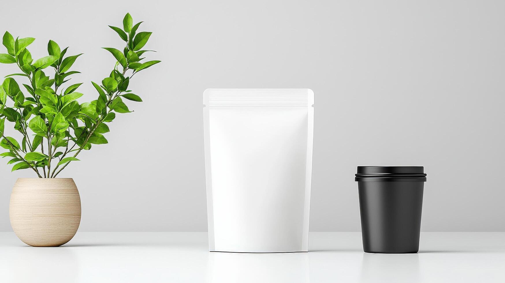 A white and black container sits on a table next to a potted plant photo