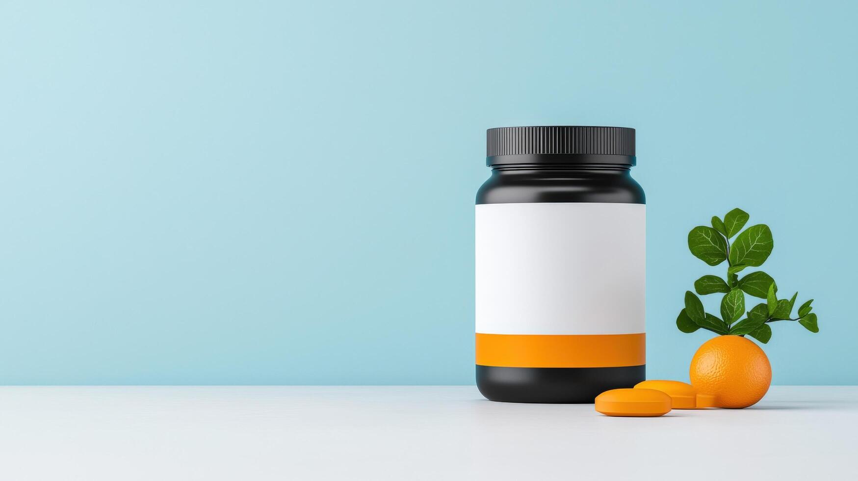 A bottle of pills sits on a table next to an orange photo