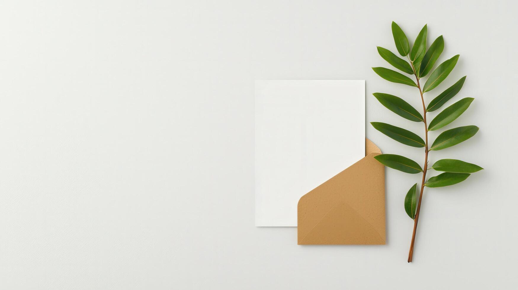 A white envelope sits on a table next to a leaf photo