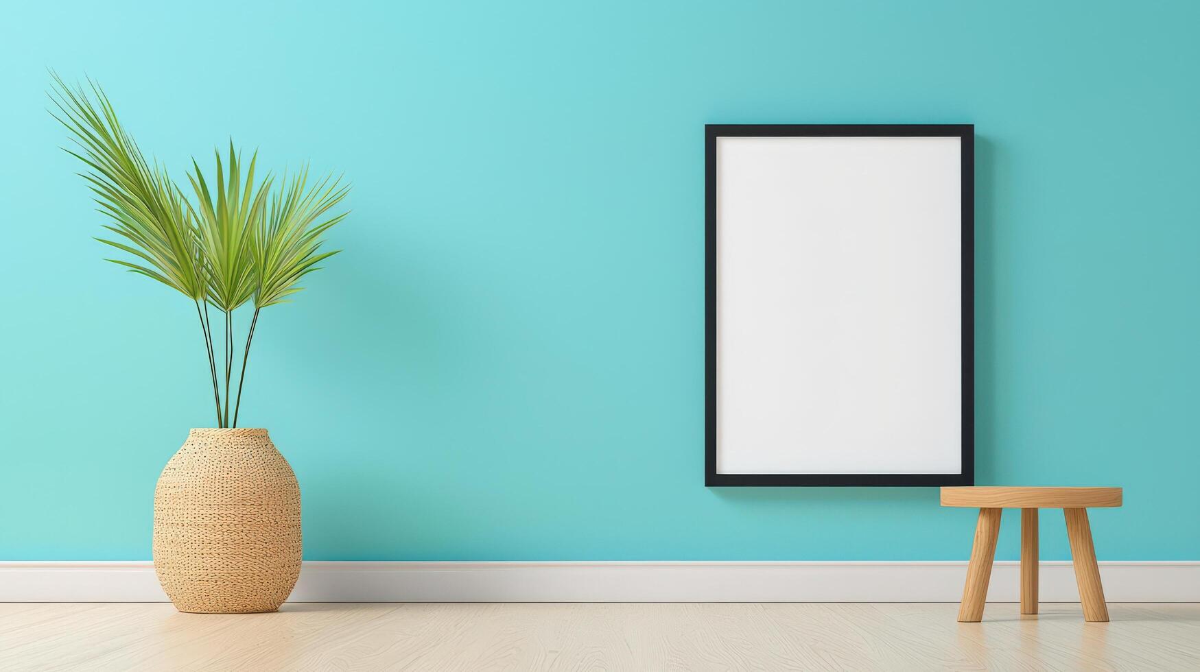A white framed picture sits on a wooden stool in a room with a blue wall photo