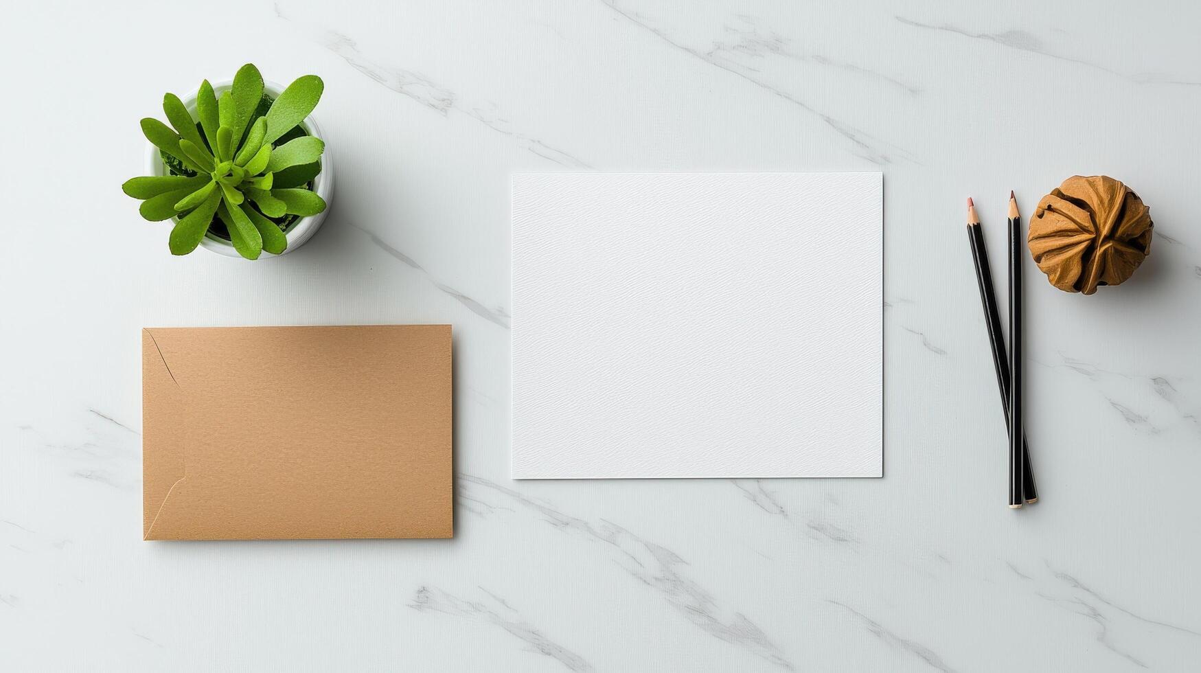 A white card with a pencil and a brown envelope on a table photo