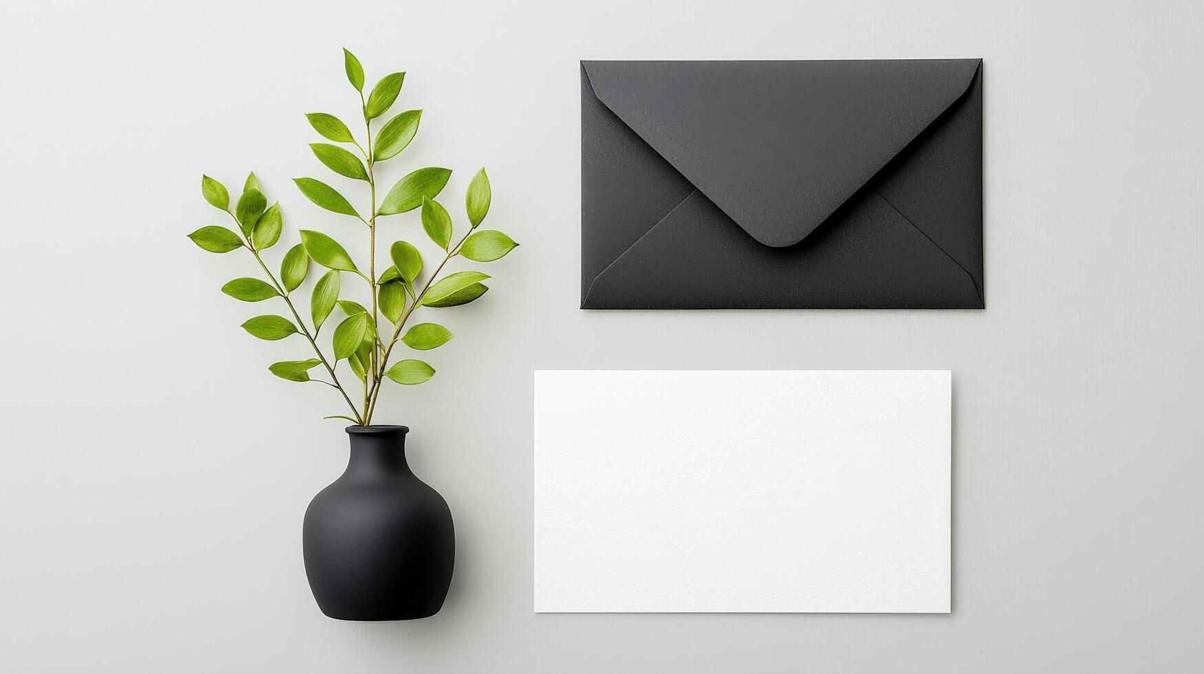 A black and white envelope sits next to a vase with a green leaf in it photo
