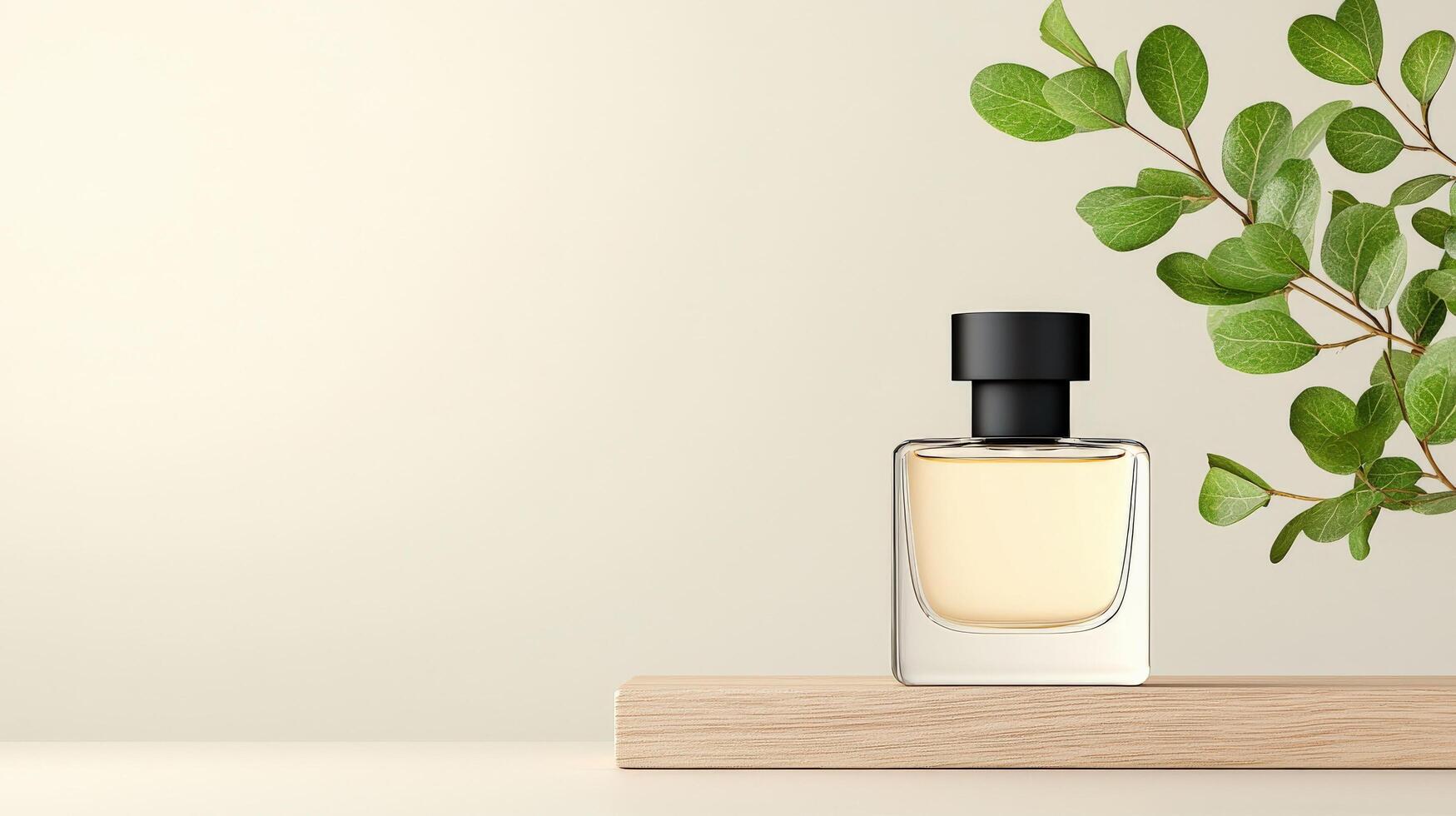 A bottle of perfume is displayed on a wooden shelf next to a leafy green plant photo