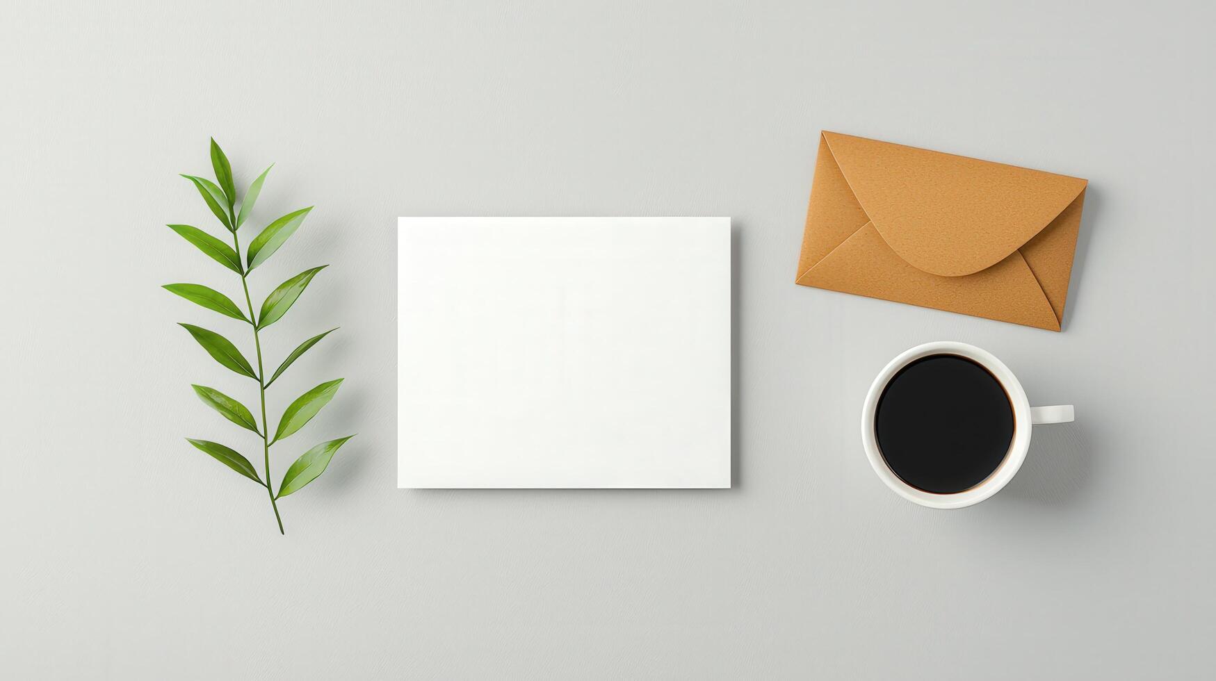 A white envelope sits on a table next to a cup of coffee and a leaf photo