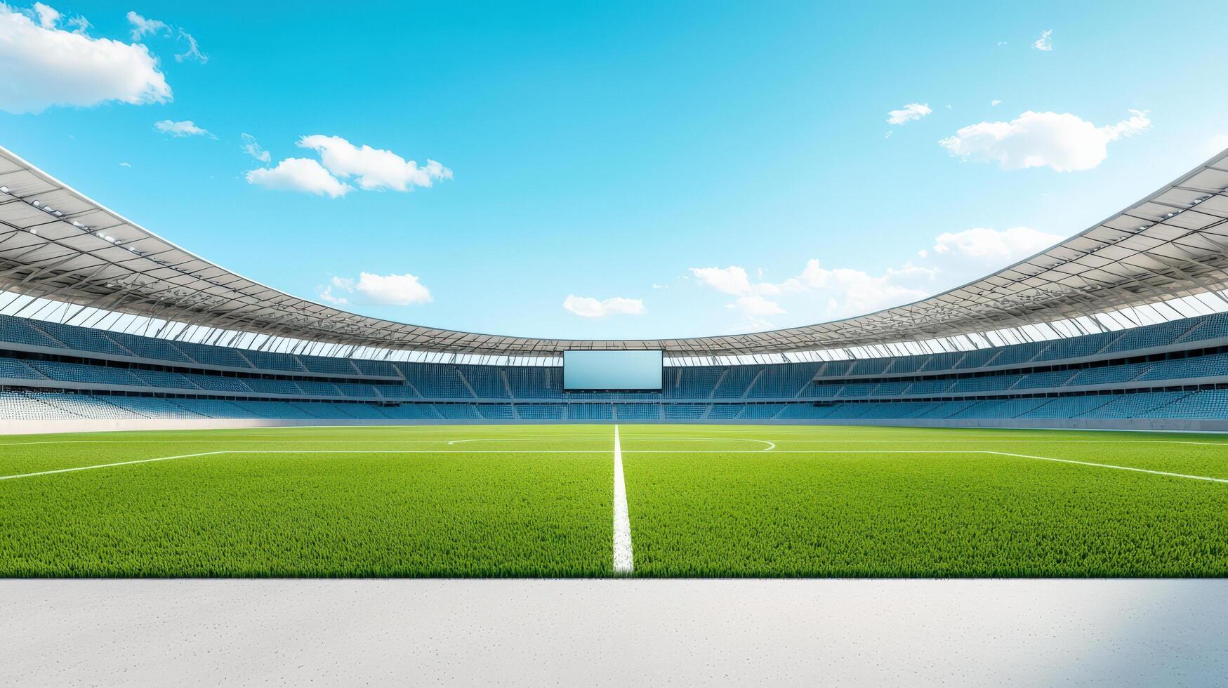 A football field with a large empty stadium in the background photo