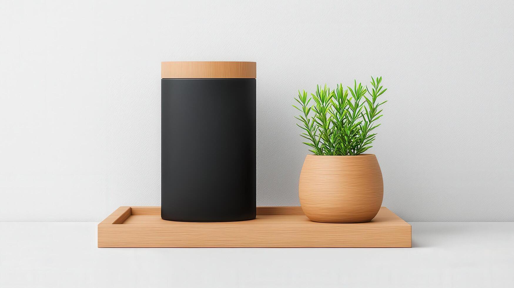 A black container with a plant in it sits on a wooden tray photo