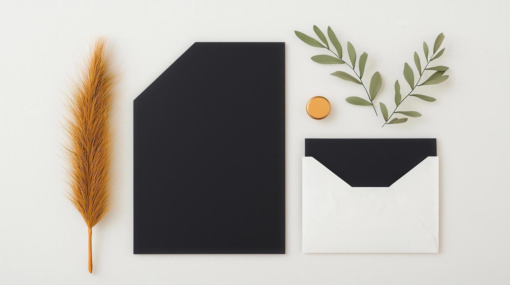 A black envelope sits on a white background with a leaf and a gold coin photo