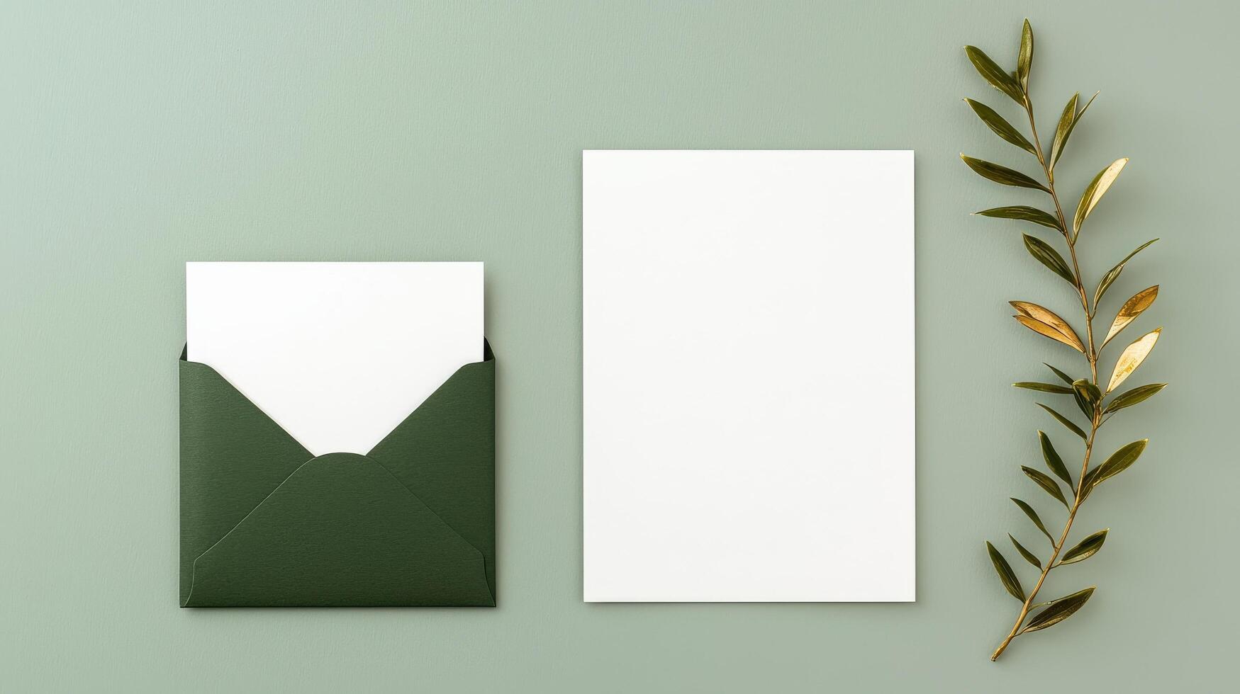 A green envelope sits on a table next to a white card photo