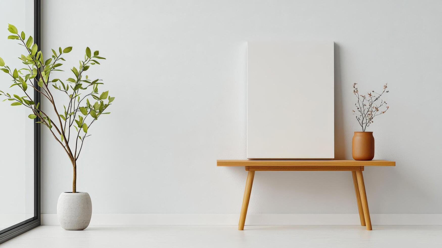 A white framed picture sits on a wooden bench in a room with a large window photo