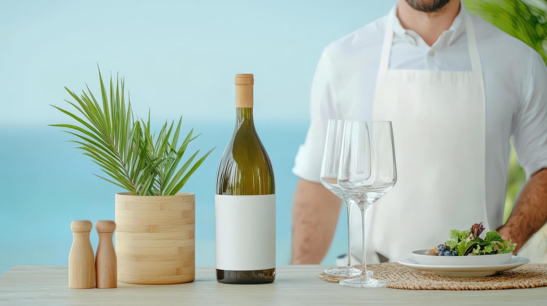 A man wearing a white apron stands behind a table with a bottle of wine photo