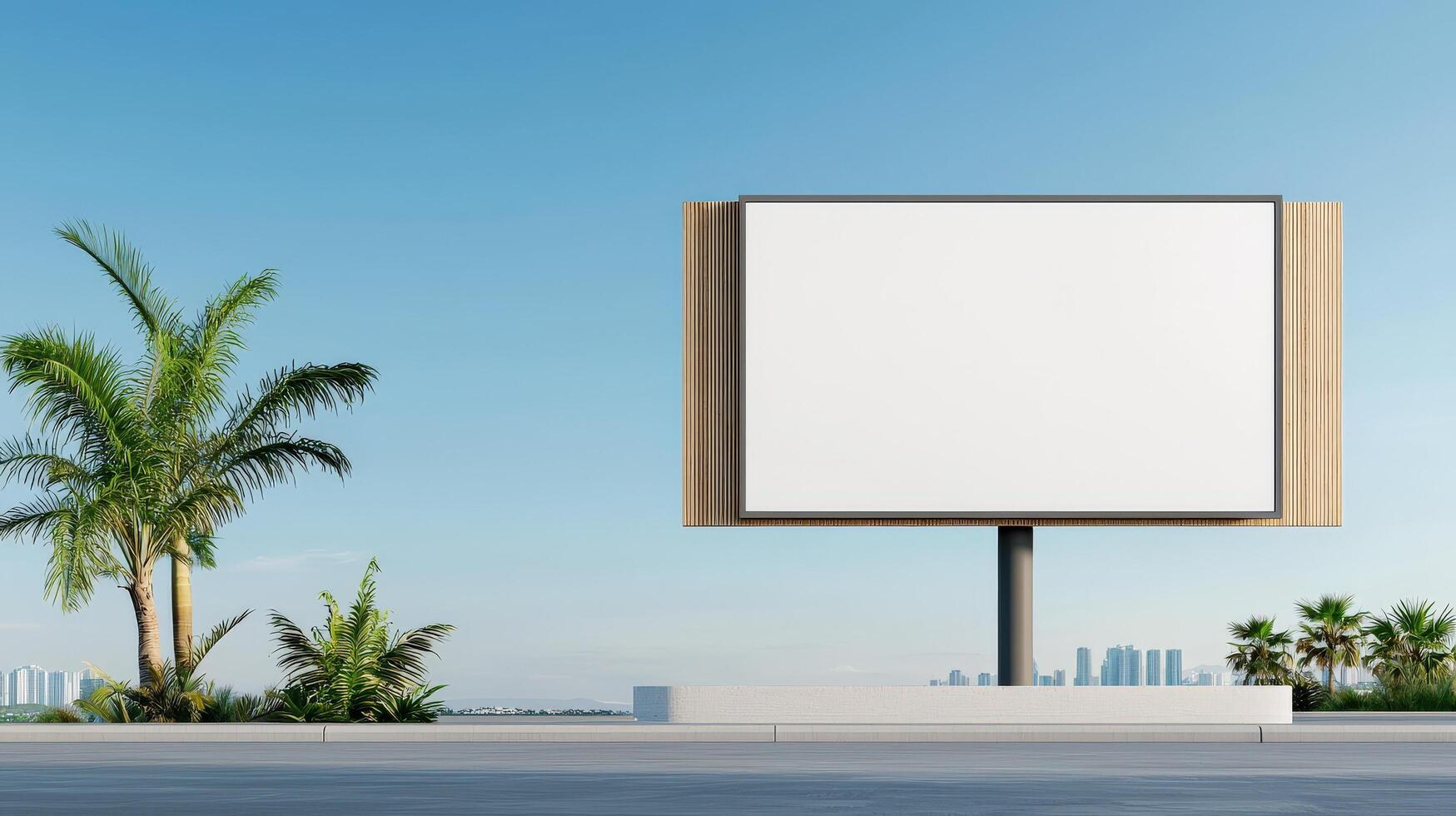 A large white billboard sits in front of a palm tree and a city skyline photo