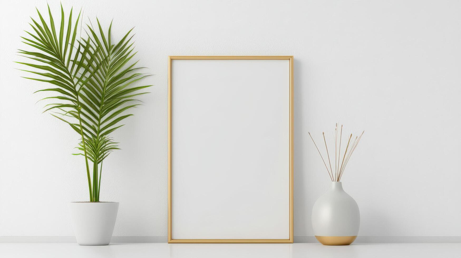 A white framed picture sits on a table next to a potted plant photo