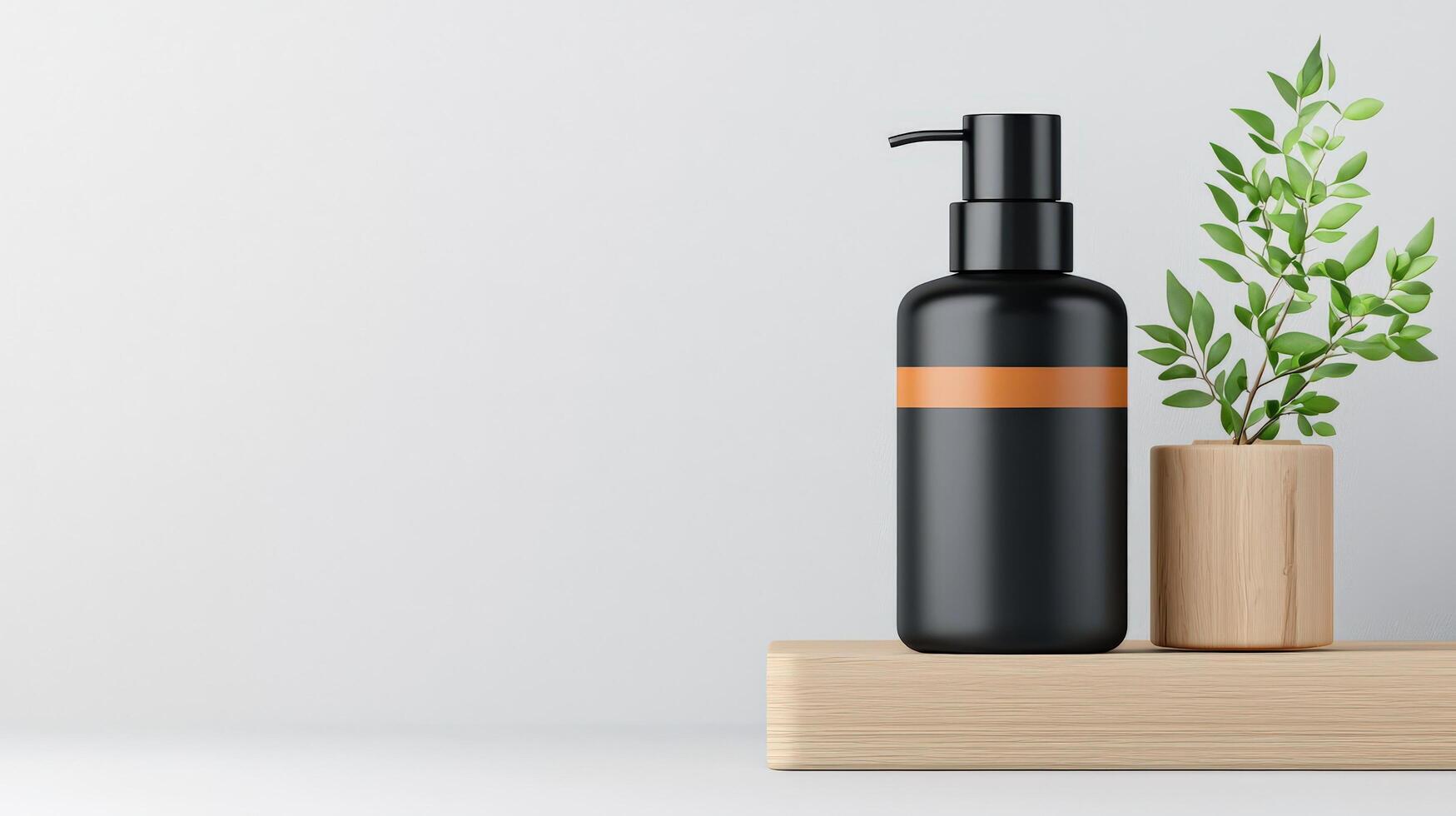 A black bottle of lotion sits on a wooden shelf next to a potted plant photo