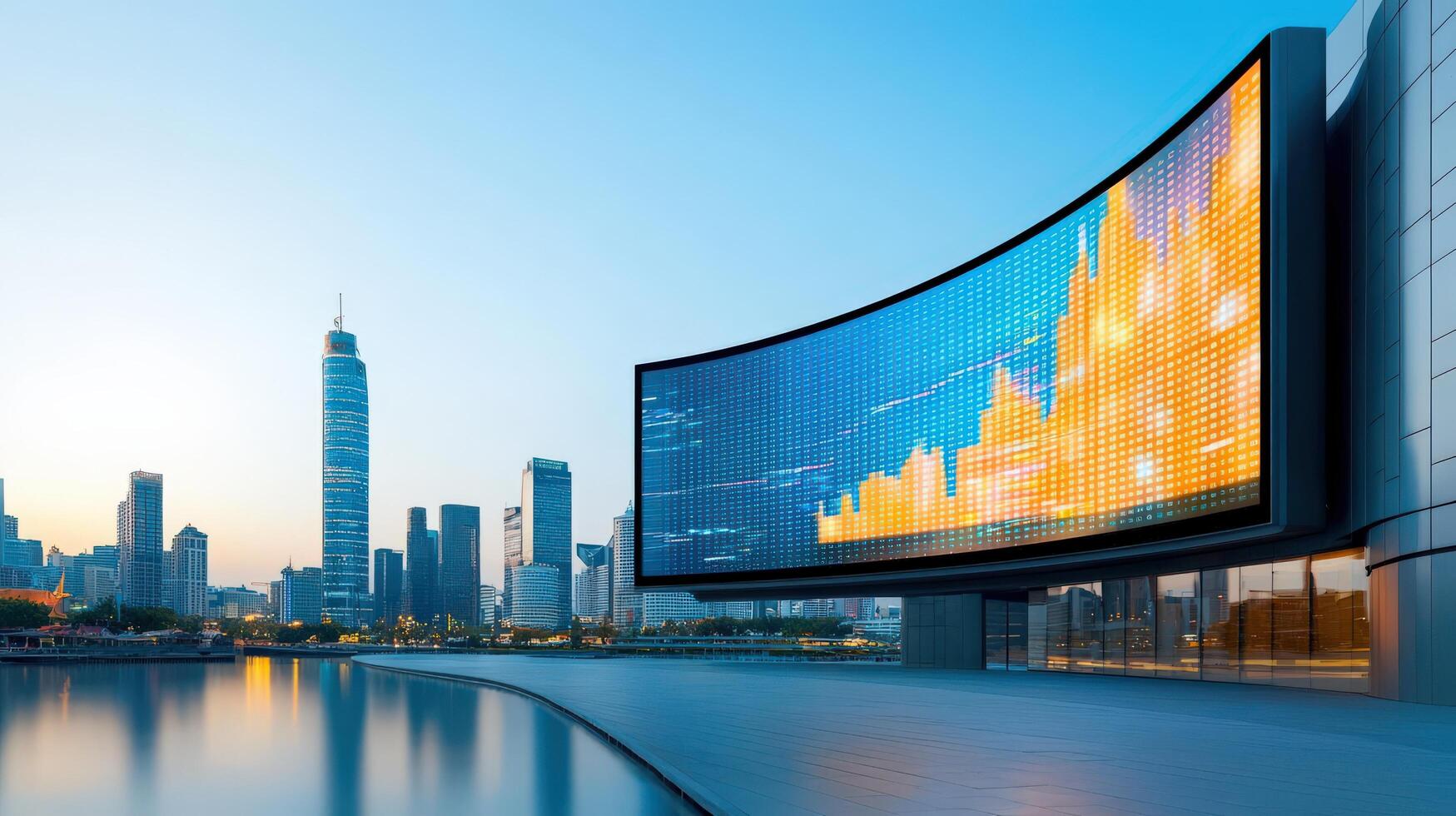 A large screen with a city in the background photo
