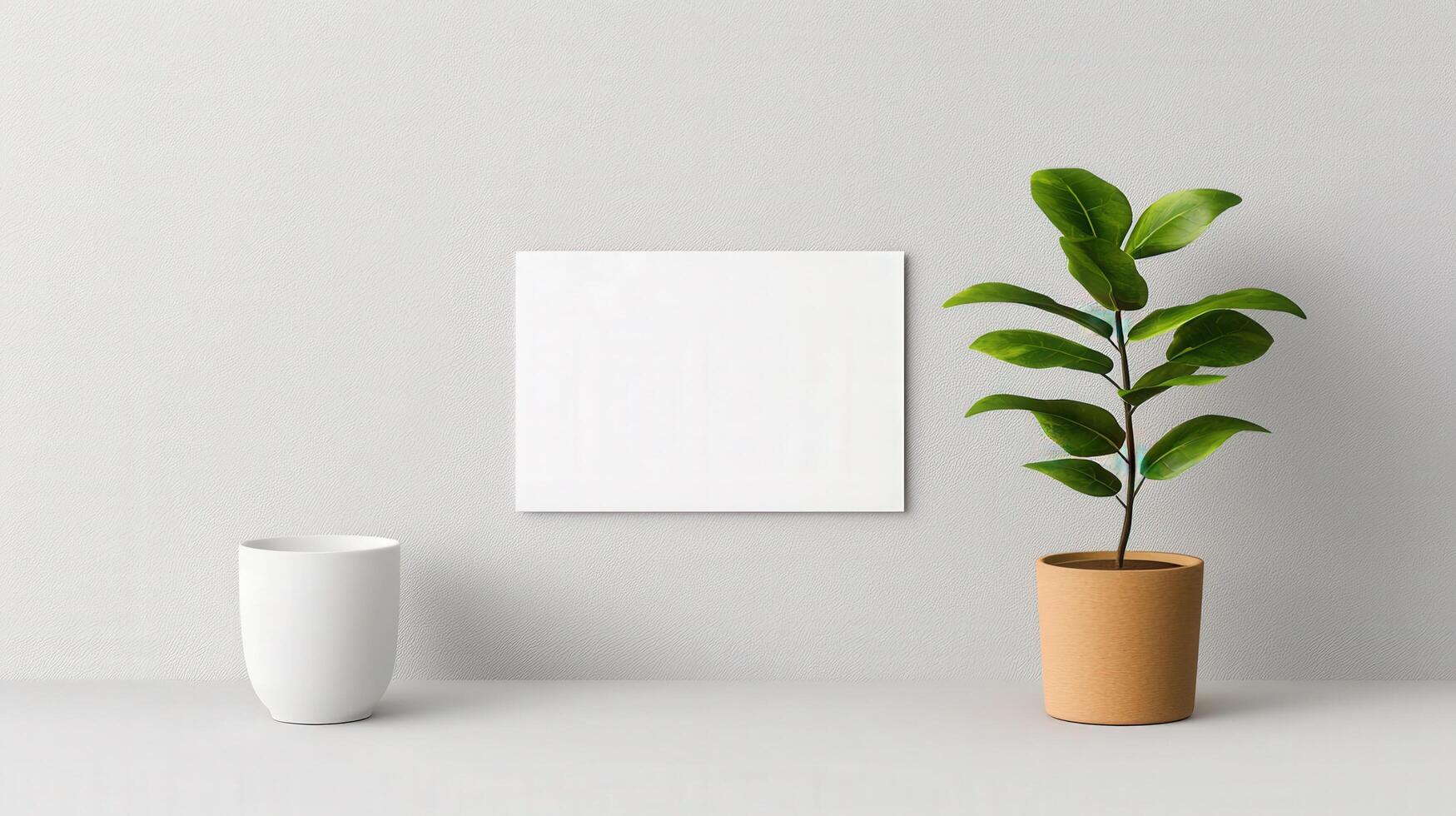 A white sign sits next to a potted plant photo