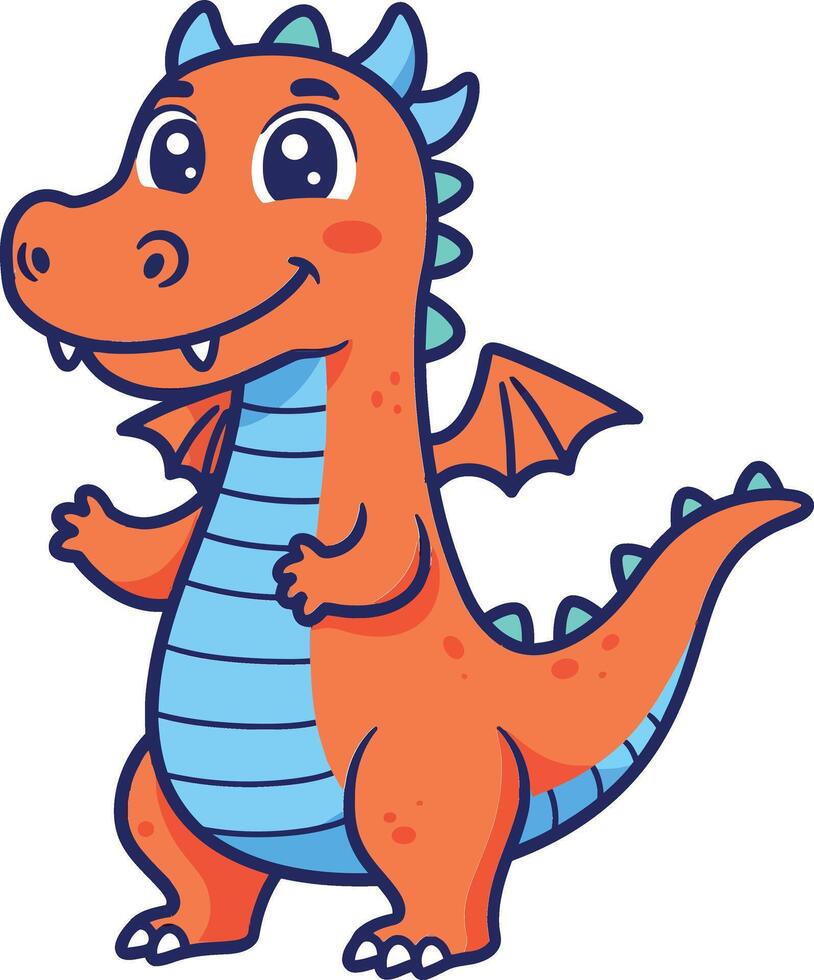 Cute cheerful dragon character with blue stripes and tiny wings in a flat design illustration vector