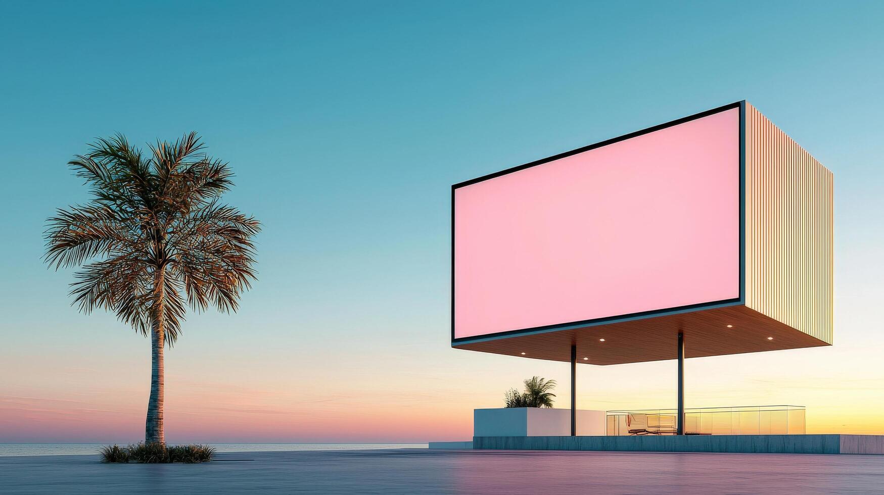 A pink billboard is on a beach next to a palm tree photo