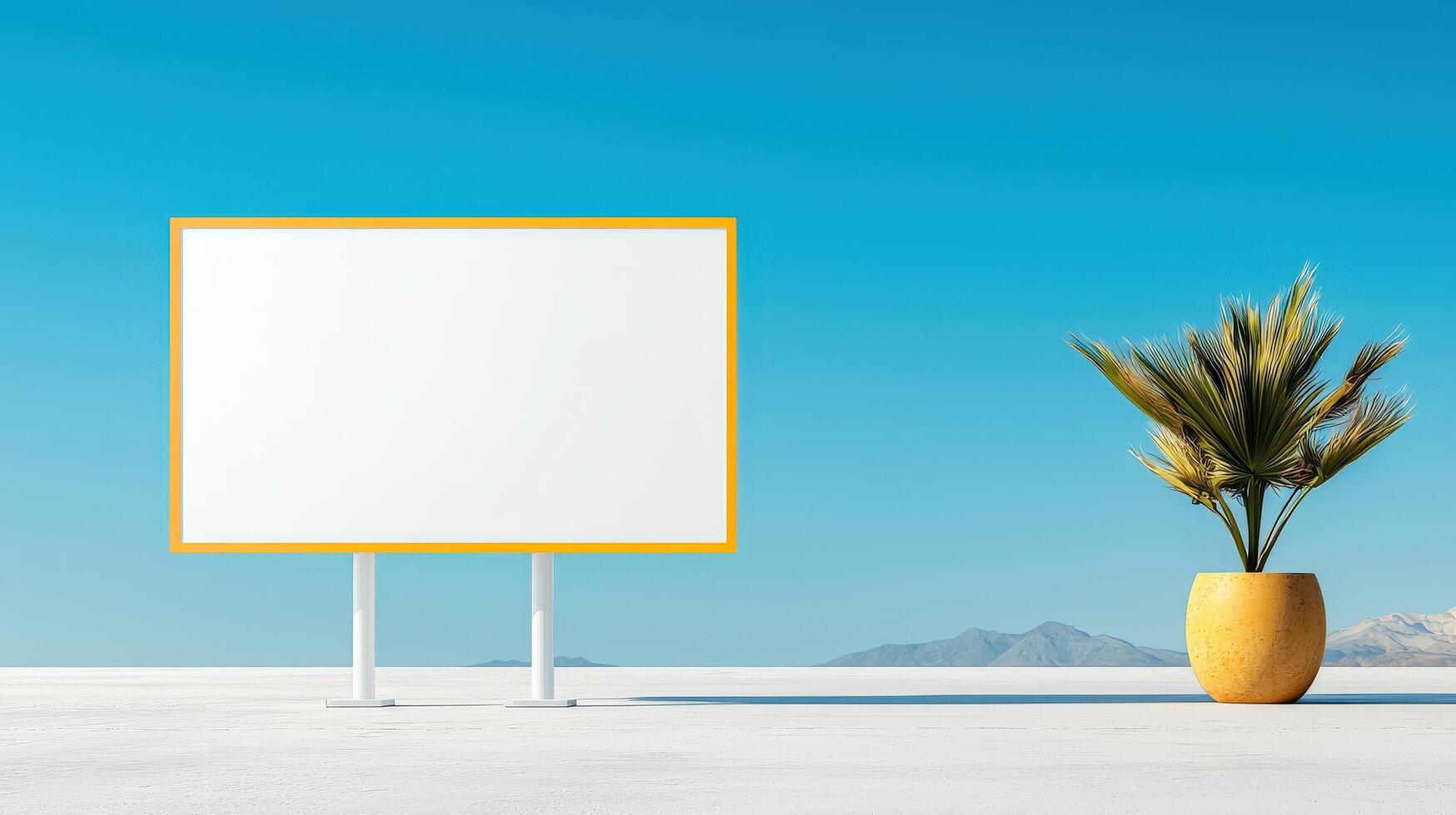 A white sign is on a beach with a palm tree in front of it photo
