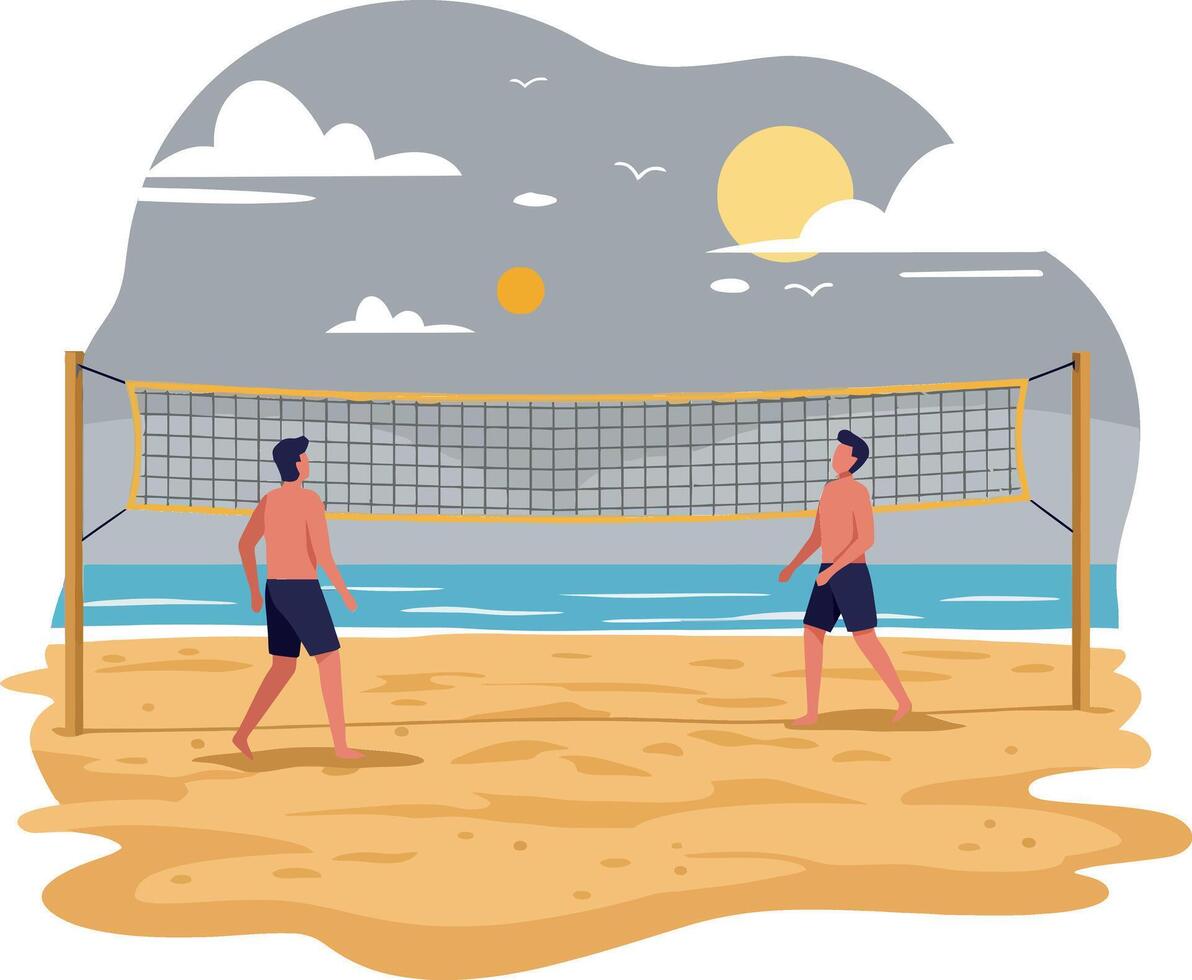 Two men playing beach volleyball on a sunny day with a vibrant atmosphere, minimal art vector