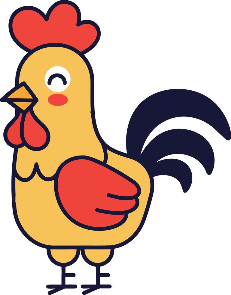 Colorful cartoon chicken with a bright yellow body and red accents in a playful flat illustration vector