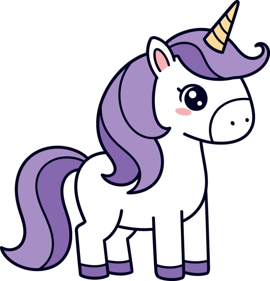 Cute unicorn with purple mane and horn in a minimal flat design illustration vector