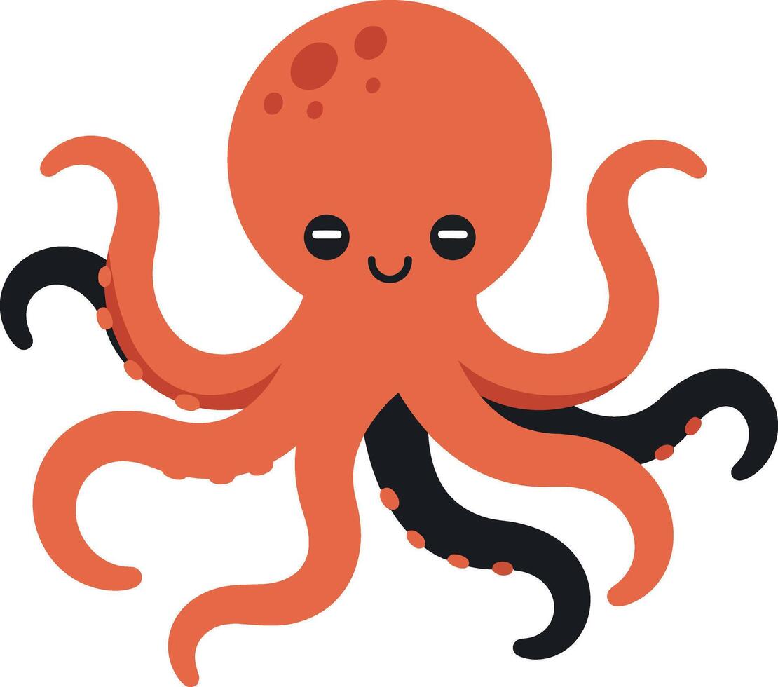 Cute orange octopus with smiling face and colorful tentacles in a flat illustration vector