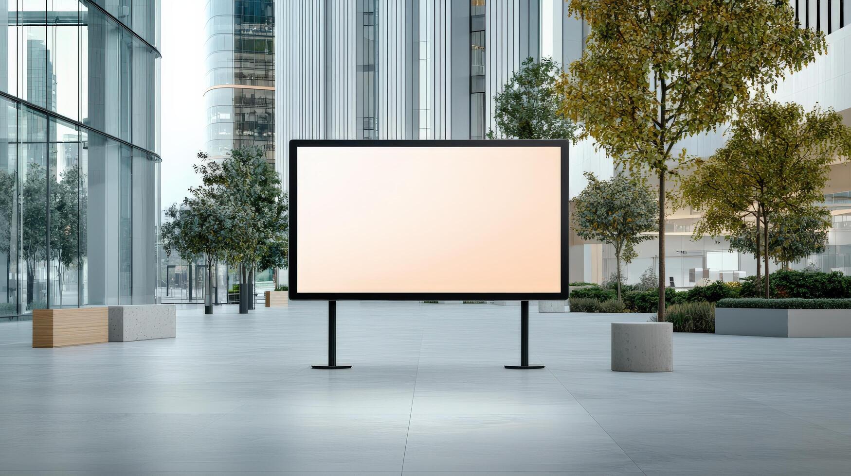 A large white billboard sits in a large, empty building photo