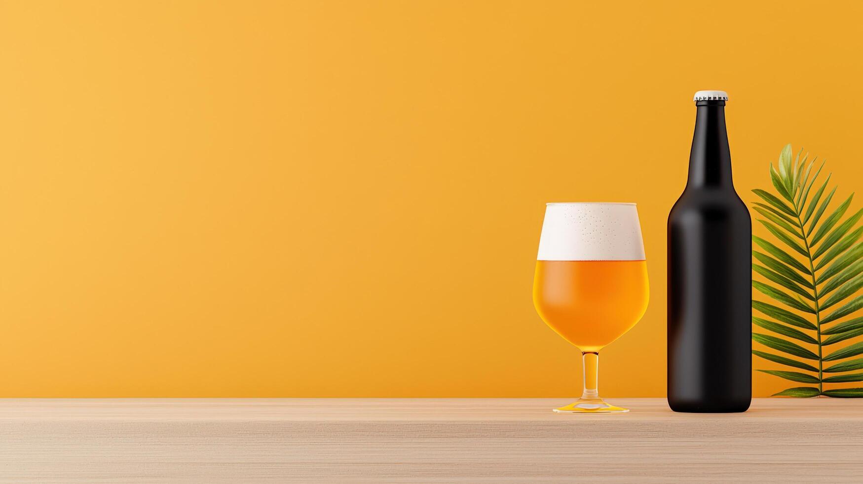 A bottle of beer and a glass of beer on a table photo