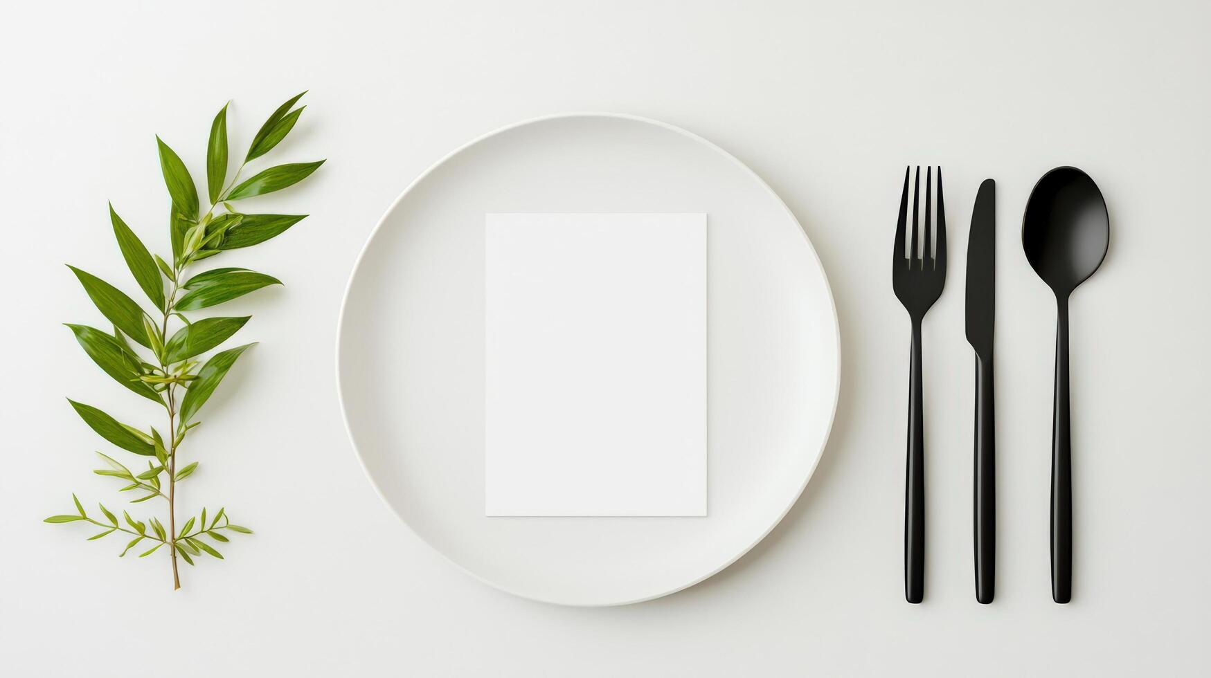 A white plate with a fork, knife, and spoon on it, and a leaf on the edge photo