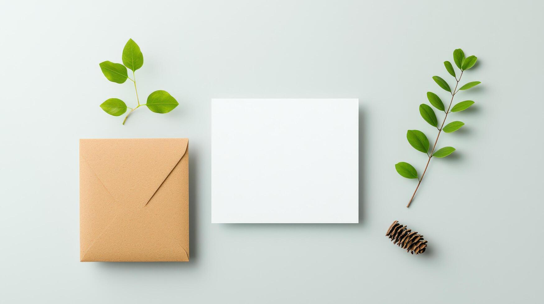A white card with a brown envelope on top of it photo