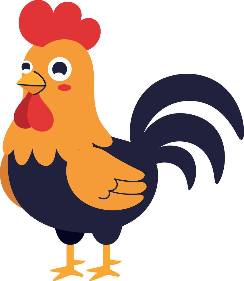 Colorful rooster standing proudly with vibrant feathers in a playful, flat design style art vector