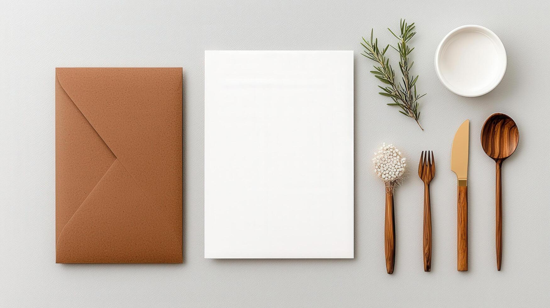 A white card with a brown envelope and a knife, fork, and spoon on top of it photo