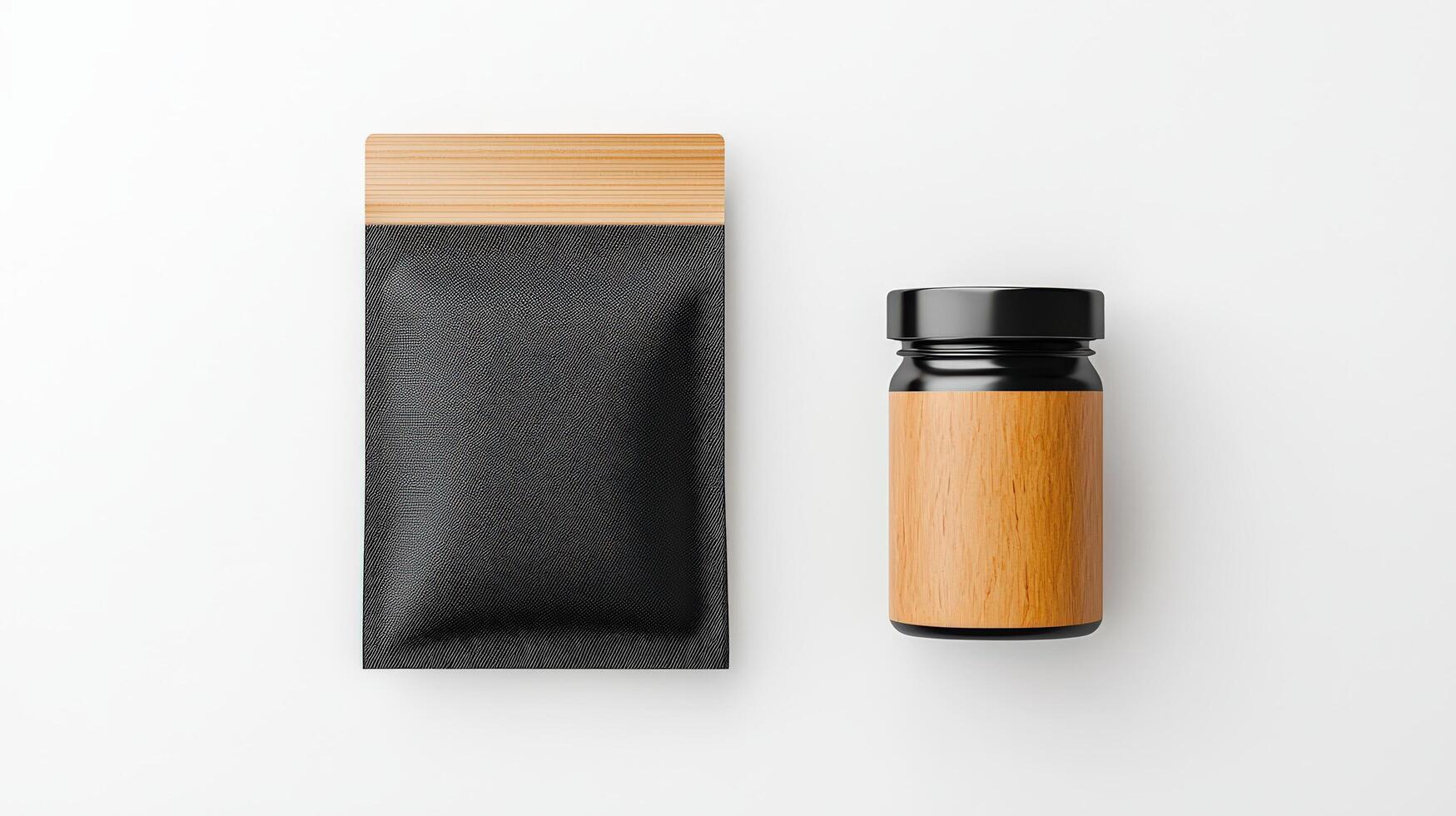 A black bag and a jar of jam are displayed on a white background photo