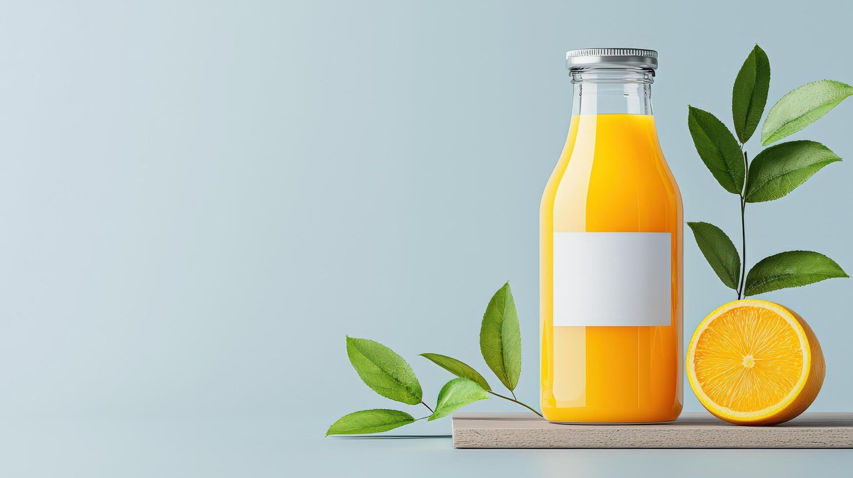 A glass bottle of orange juice is on a table next to a slice of orange photo