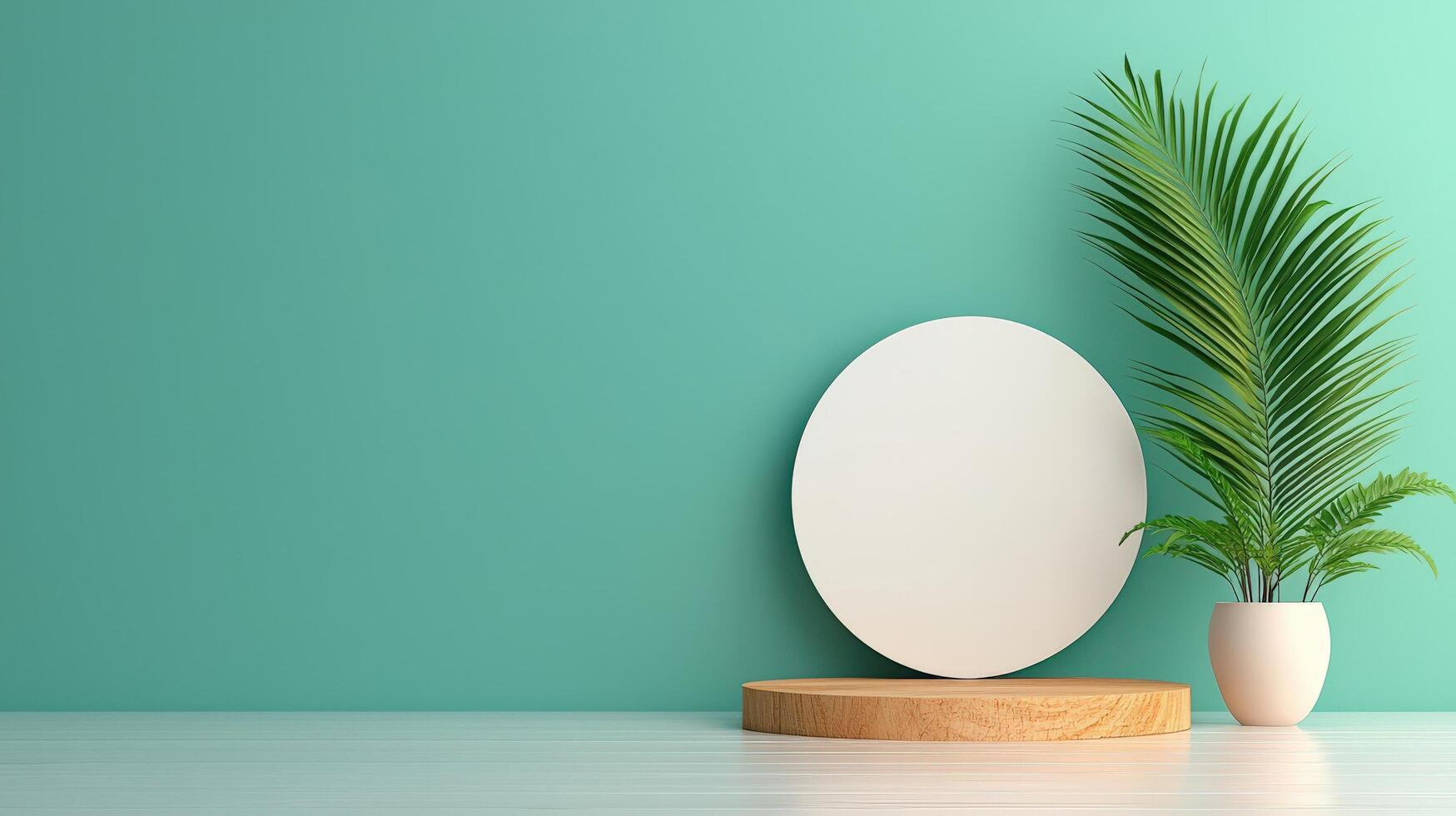 A white round object sits on a wooden pedestal in front of a green wall photo
