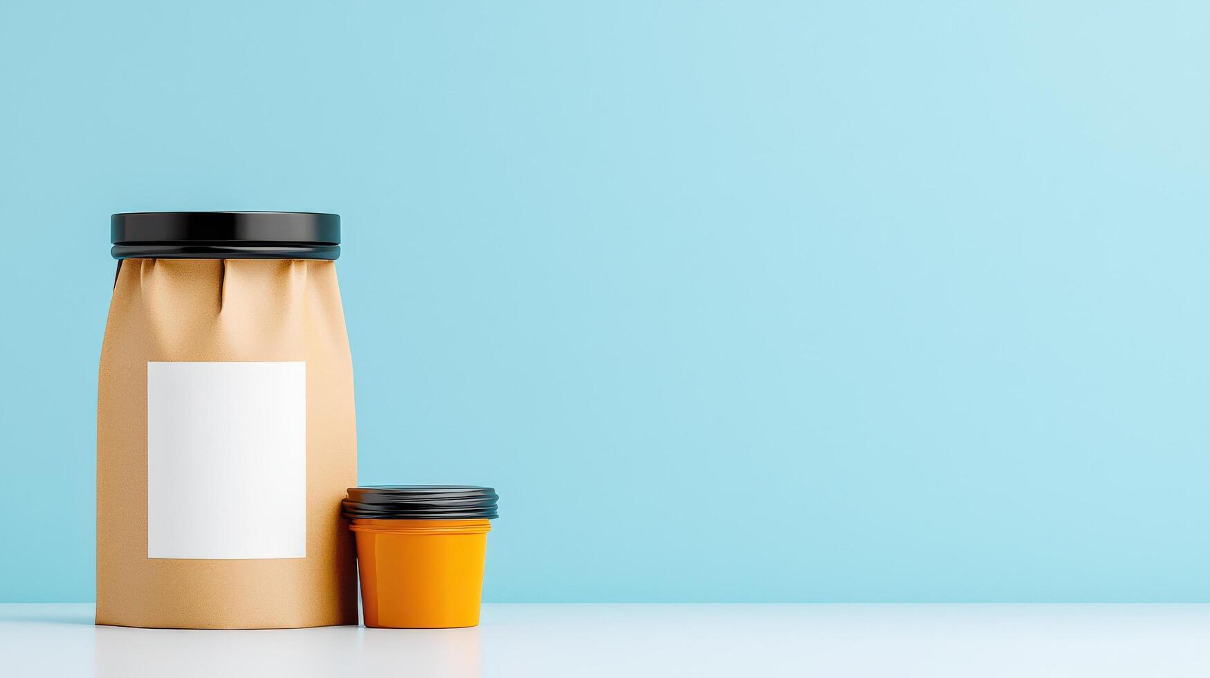 A jar of food sits on a table next to a brown paper bag photo