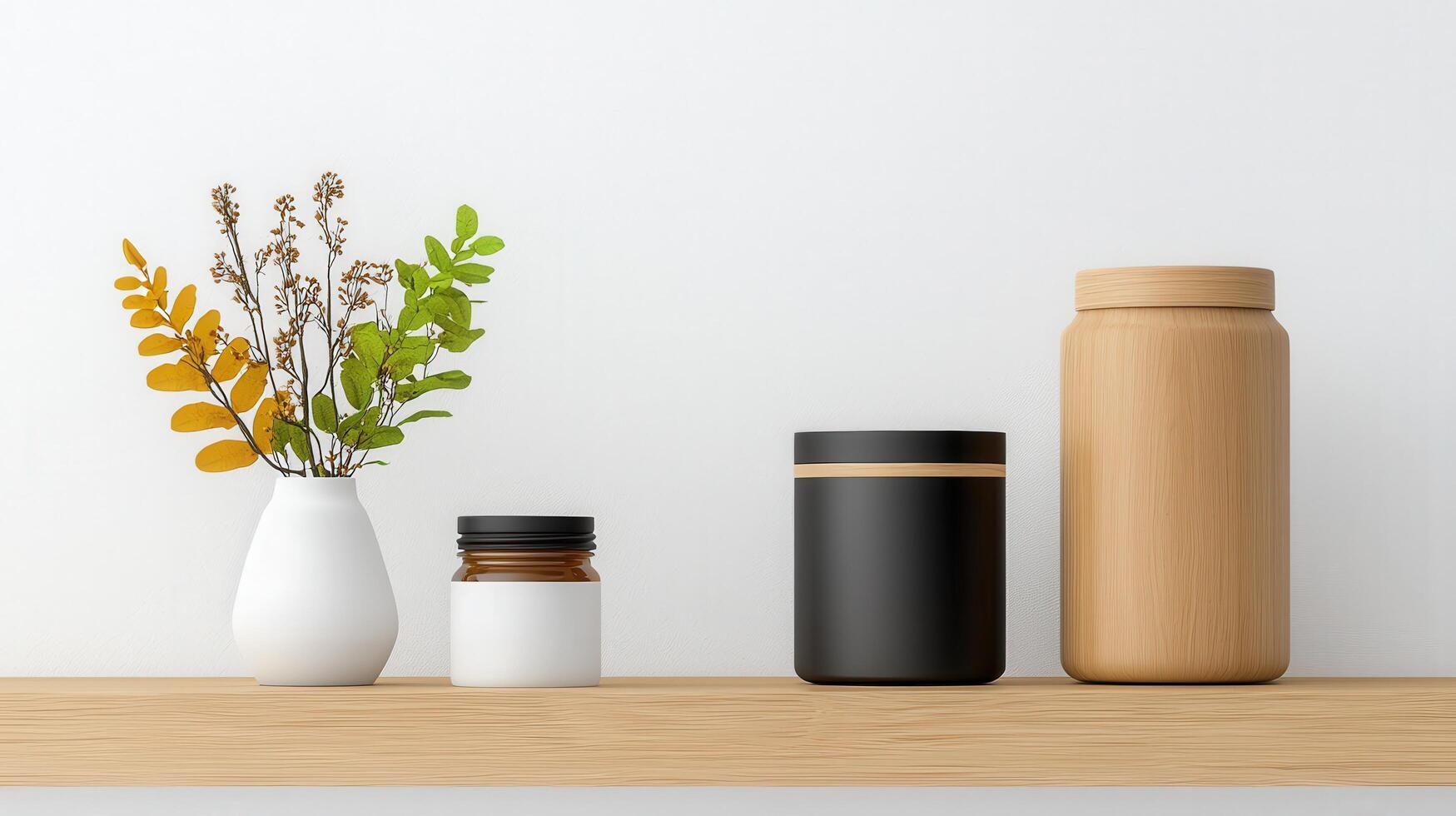 A shelf with a vase, a jar, and a jar with a lid photo