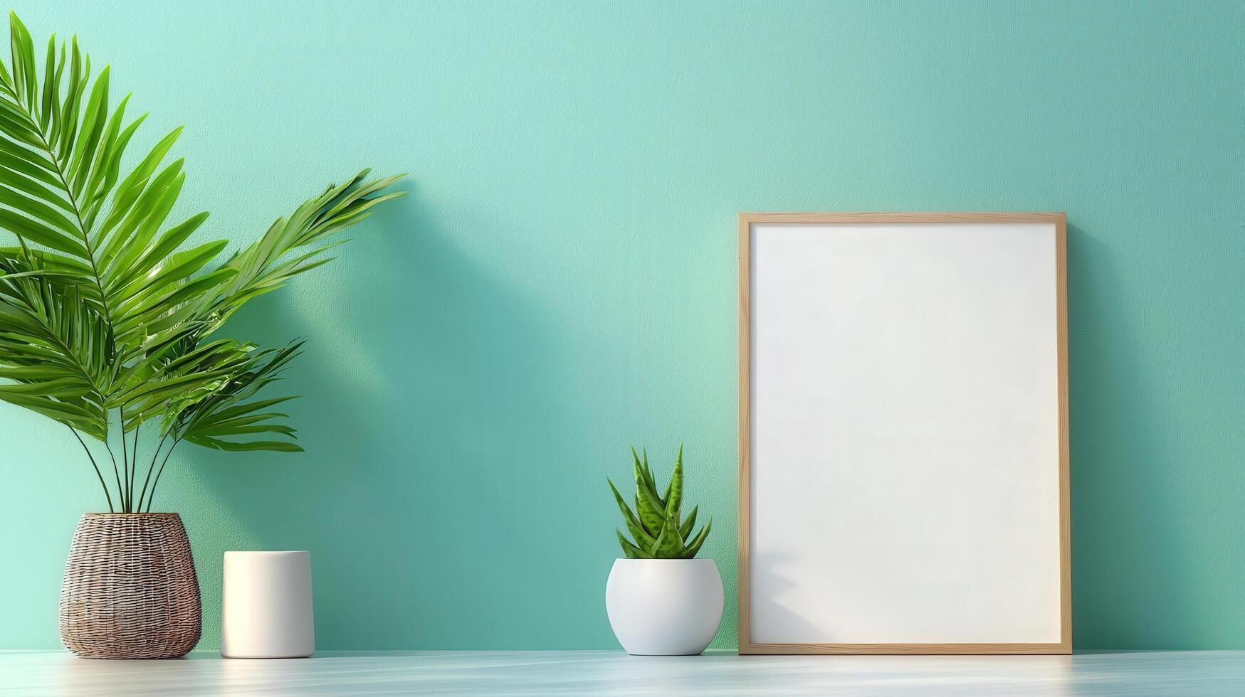 Minimal A white framed picture sits on a table next to a potted plant photo