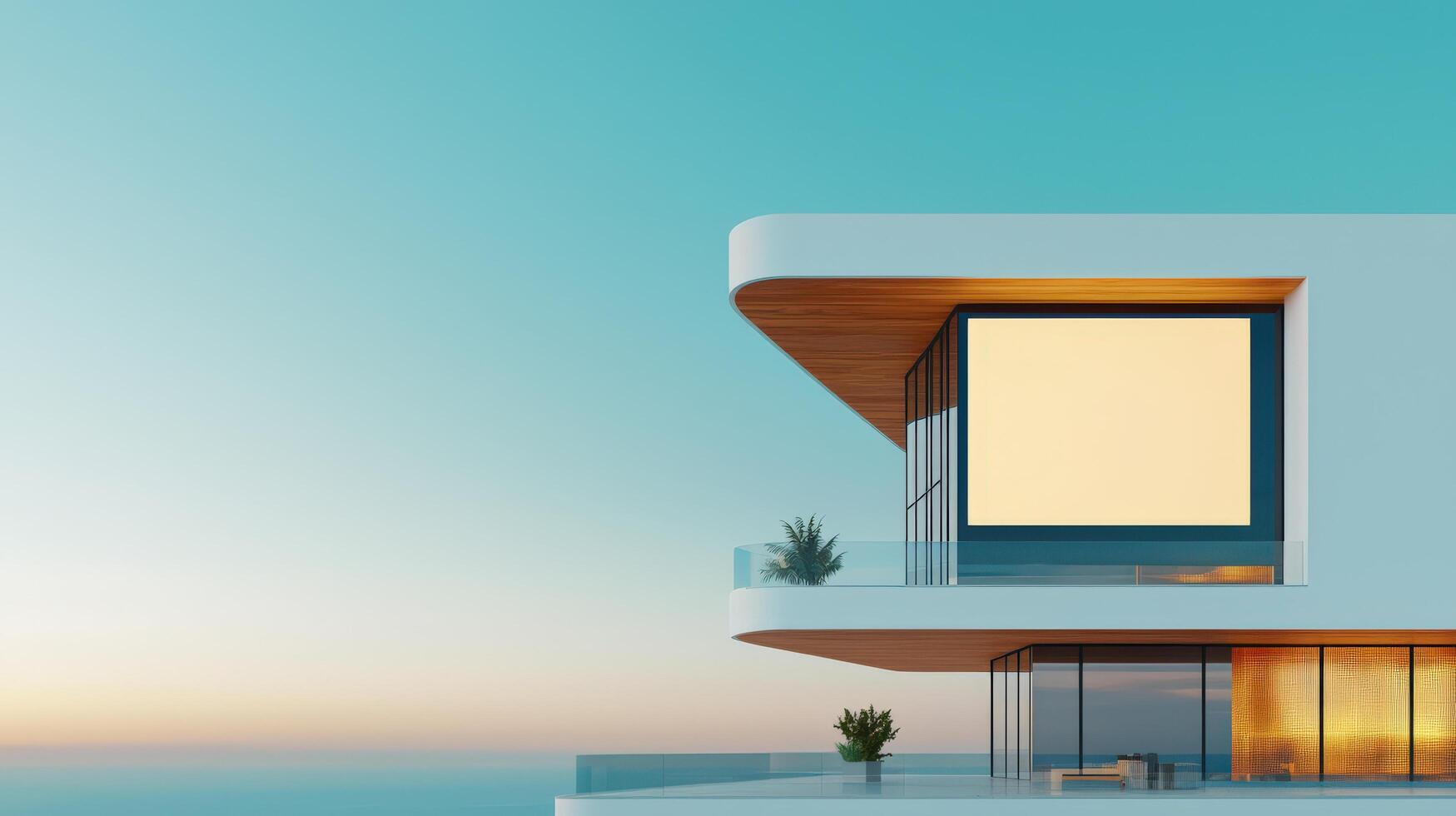 A large white building with a balcony and a large white screen on the side photo