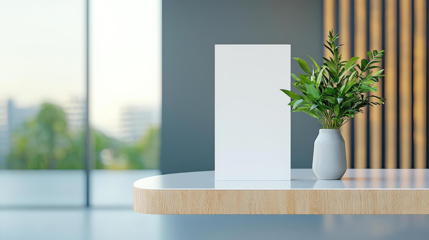 A white sign sits on a table next to a vase of green leaves photo
