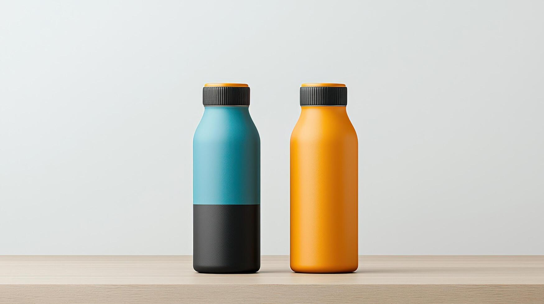 Two bottles of different colors, one blue and one orange photo