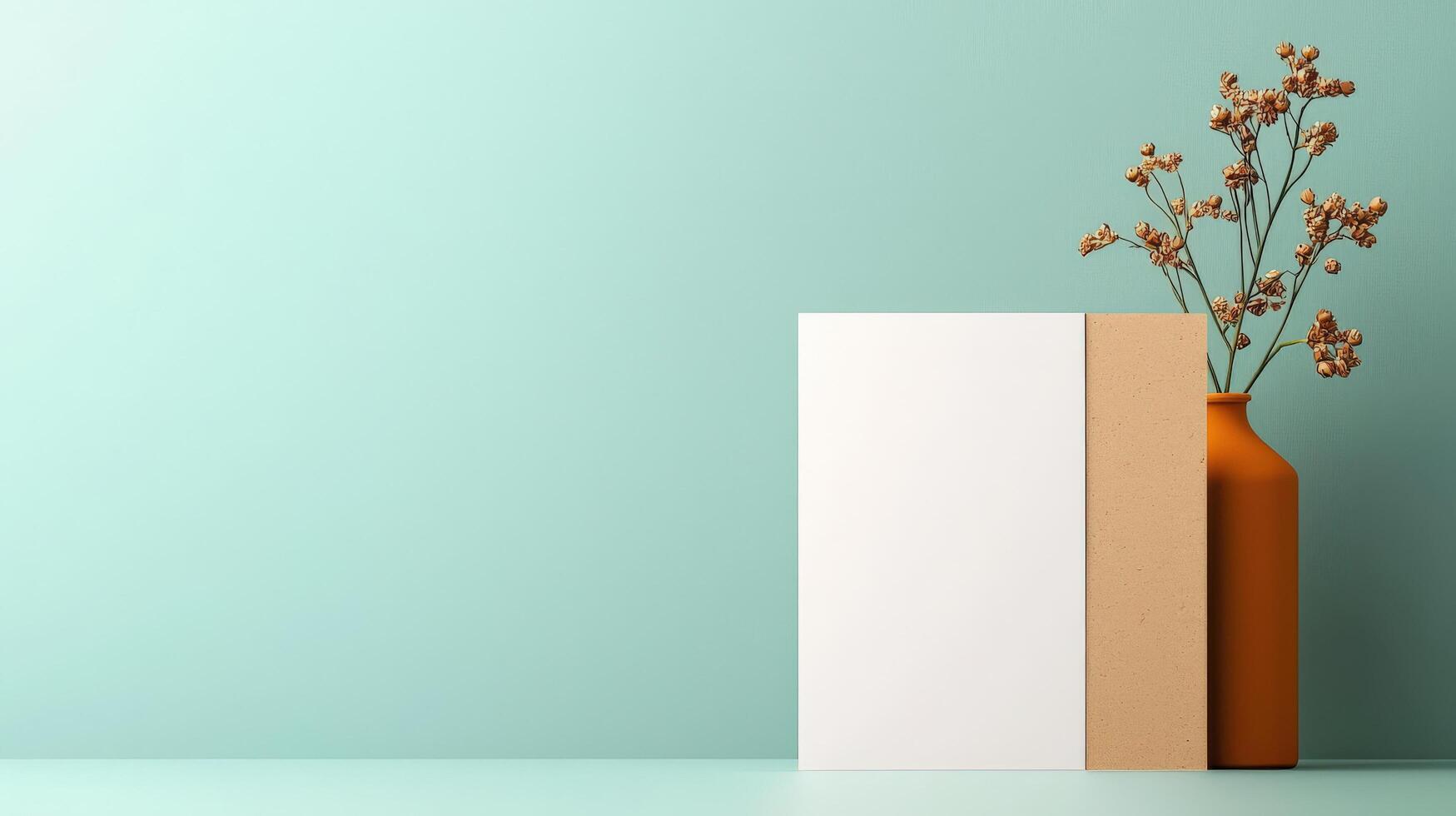 A white paper is placed on a table next to a vase with dried flowers photo