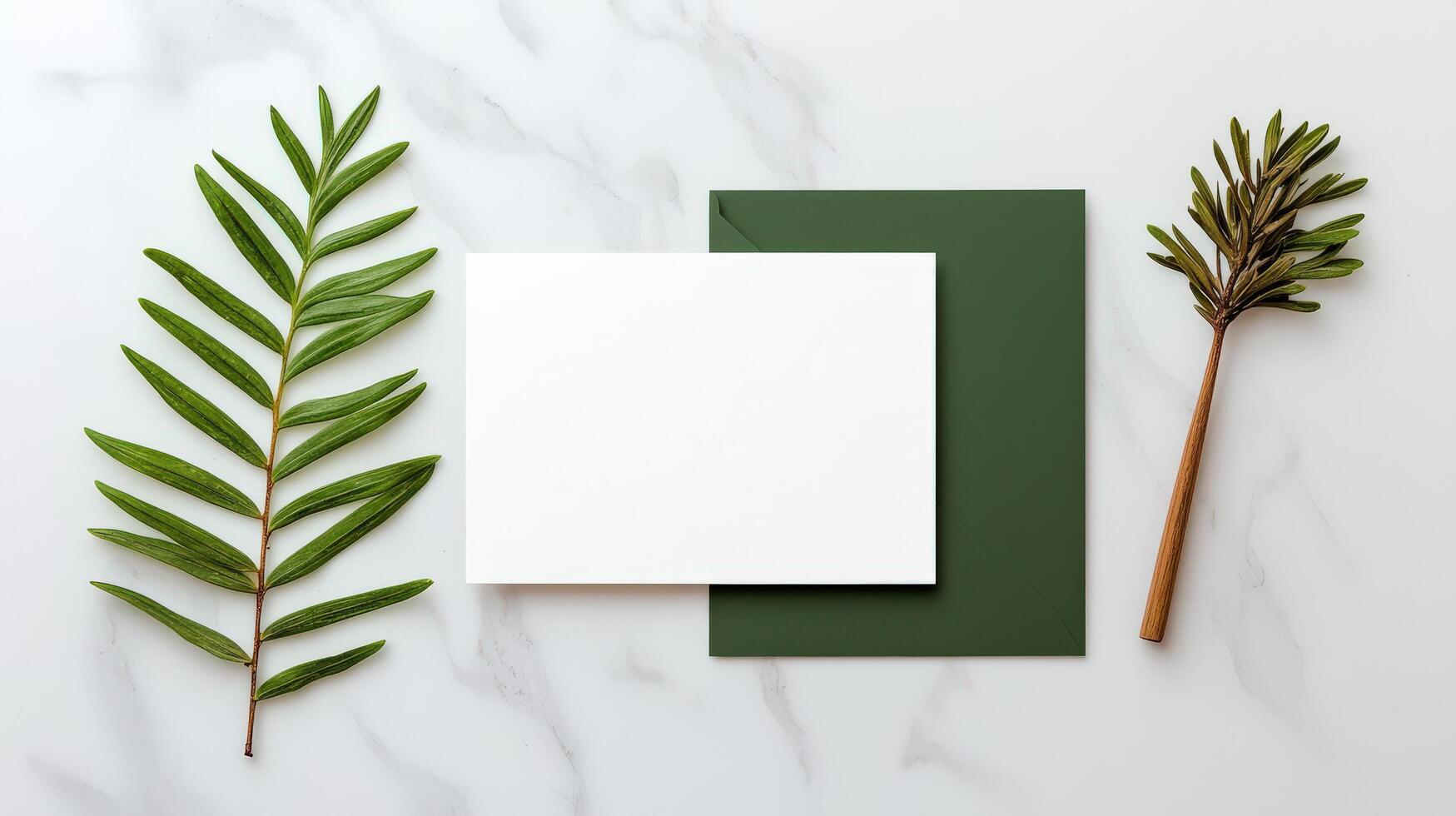 A white card with a green border sits on a table with a leaf and a green stem photo