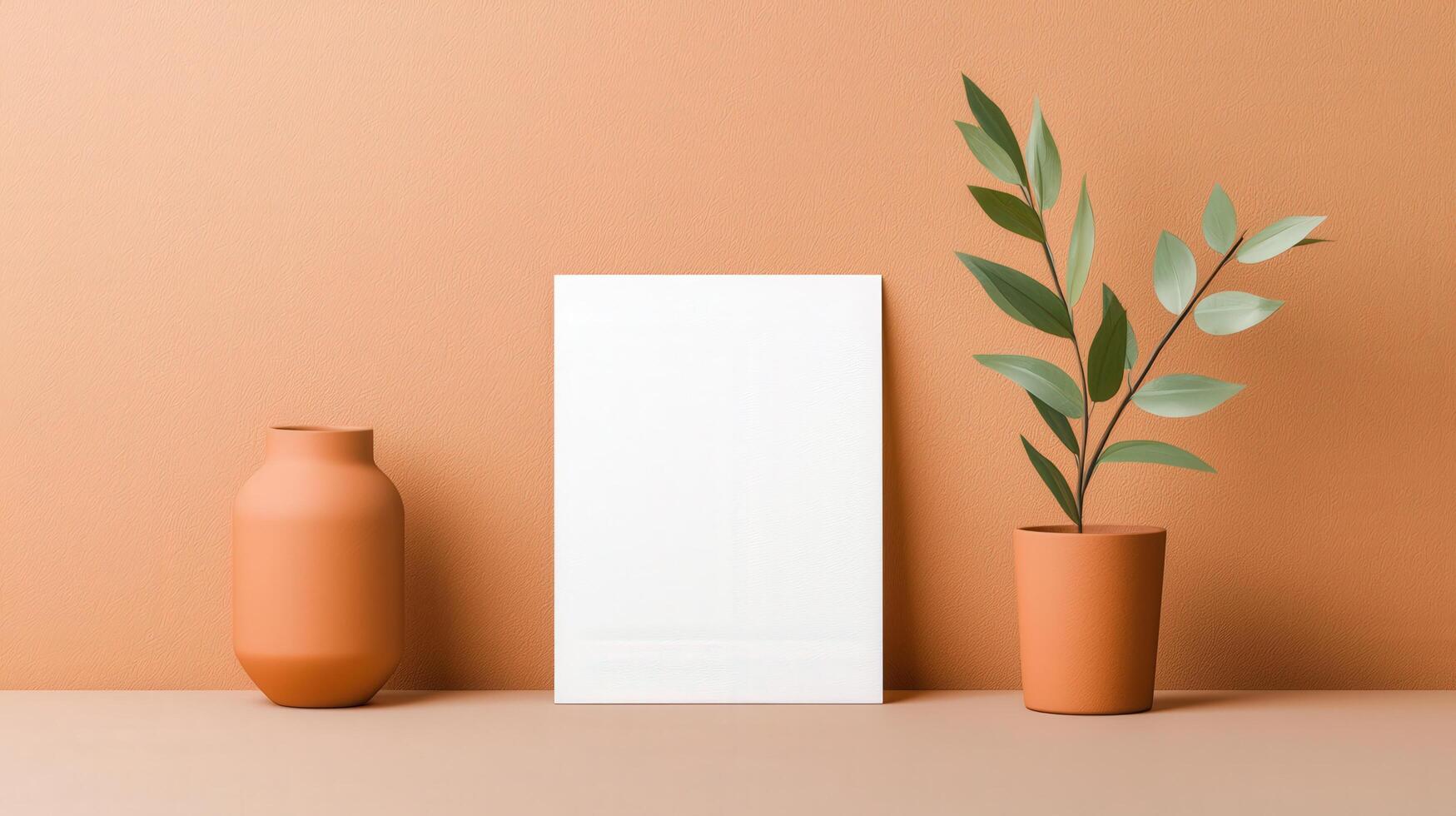 A white frame sits on a table next to two vases photo
