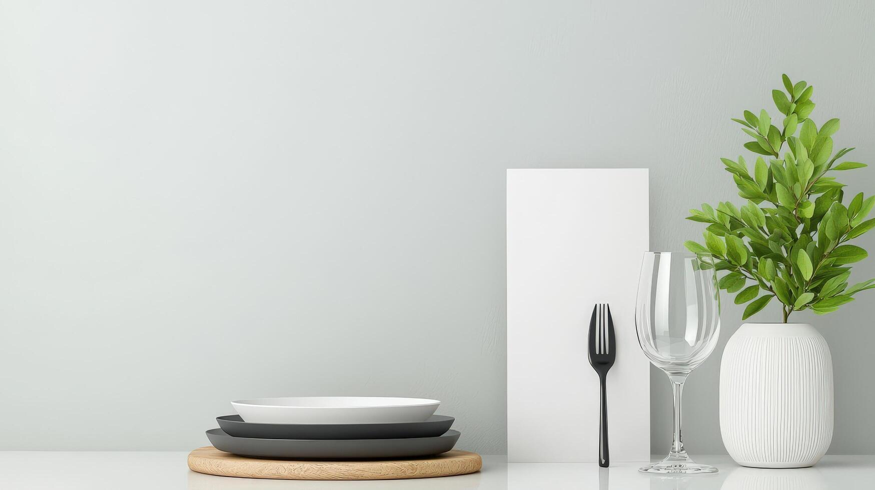 A white table with a white napkin and a fork and a vase with a plant photo